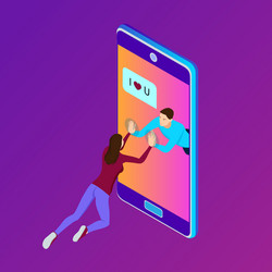 Young couple communicate on smartphone isometric vector