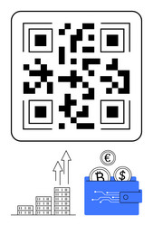 qr code with wallet and coins highlighting digital vector image