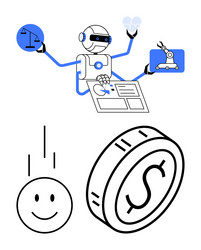 robot multitasking with scales lightbulb robotic vector image