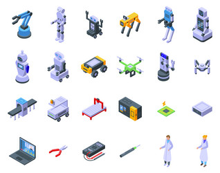 Robotic systems engineer icons set isometric vector