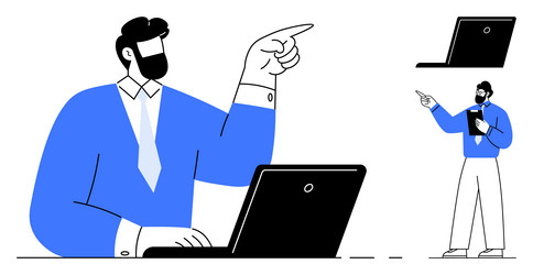man pointing and working on laptop while vector image