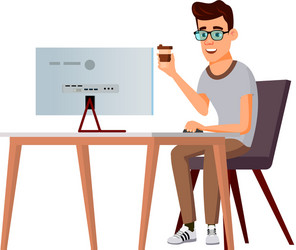 young man geek working on computer early vector