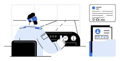 pilot operating cockpit controls with display vector image