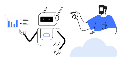 man interacting with robot displaying data vector image