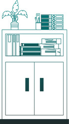 Cabinet with books and plant pot blue lines vector