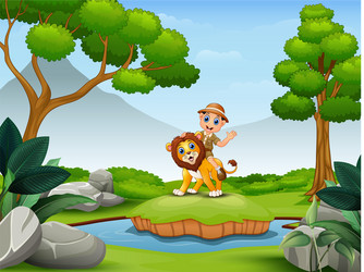 Happy zookeeper boy and lion playing in nature vector