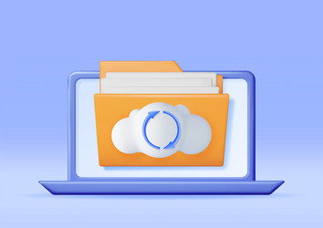 3d folder in clouds with file sync icon on laptop vector