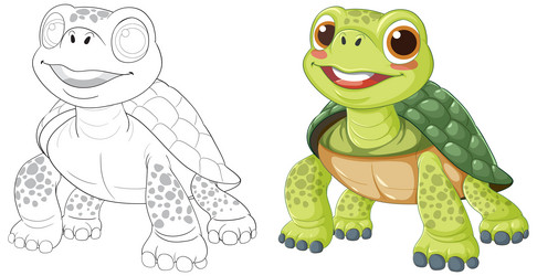 smiling turtle in color and outline versions vector image