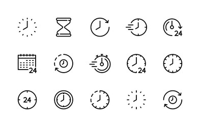 Time and clock linear icons set isolated vector