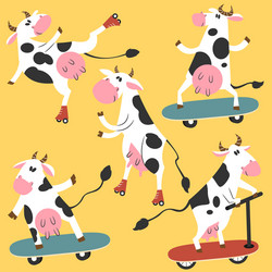 Funky cows on skates and kick scooters vector