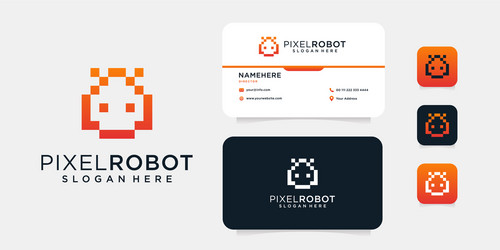 robot pixel logo design with business card vector image