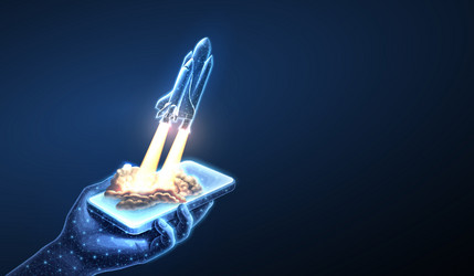 spaceship takeoff and phone in hand rocket launch vector image