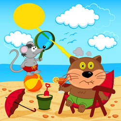 cat and mouse fool around with on beach vector image