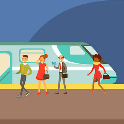 Passengers boarding a train at the platform part vector