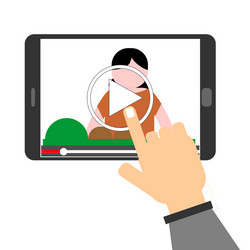 human hand pointing to play button on a tablet com vector