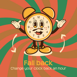 groovy style clock character fall back daylight vector image