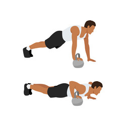 man doing push up with one hand on the kettlebell vector