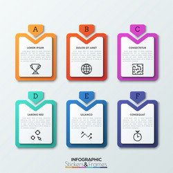 Six multicolored rectangular tags with lettered vector