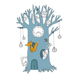 Magic Clock Tree with Fox and Hare vector image