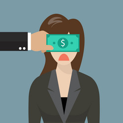 business woman with dollar banknote taped to eyes vector