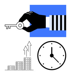hand holding key with rising bar chart and clock vector image