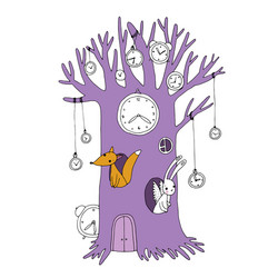 Whimsical Tree Clock with Fox and Hare vector image