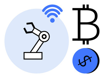 robotic arm with wireless bitcoin and dollar vector image
