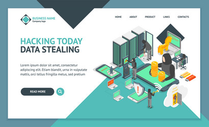 Hacker landing web page template 3d set isometric vector