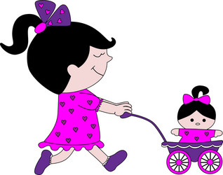 Little girl with a doll and stroller vector