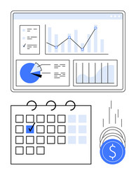 data dashboard with graphs calendar and coins vector image