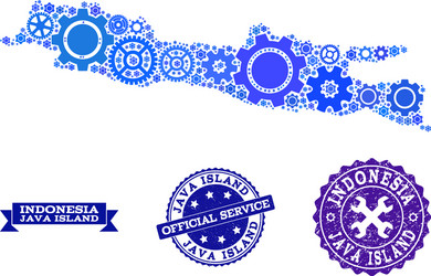 Collage map of java island with gears and rubber vector