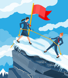 group of business woman climbing on mountain peak vector