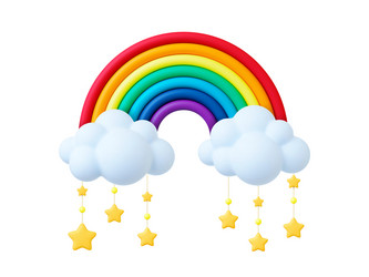 Rainbow 3d with clouds and star pendants nursery vector