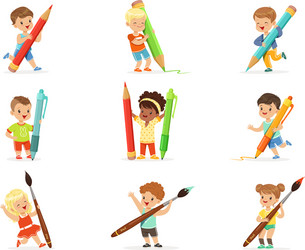 smiling young boys and girls holding big pencils vector