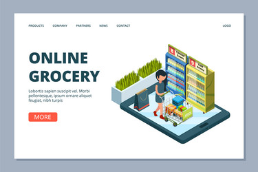 Online grocery landing page isometric woman vector