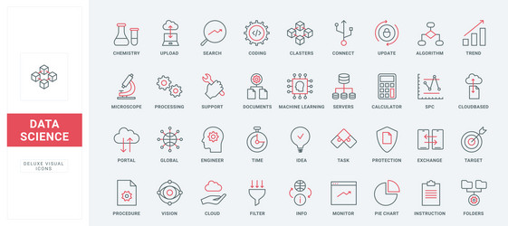 Data science thin black and red line icons set vector