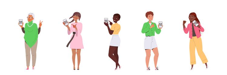 people characters showing qr code on their gadget vector image