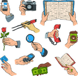 sketch hands holdings objects and showing items vector image