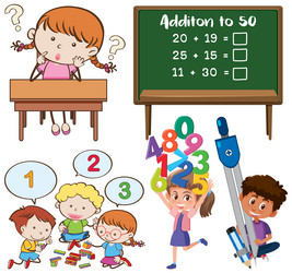 math classroom objects with supplies and students vector image