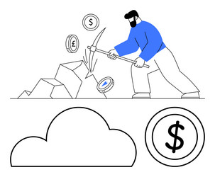man mining cryptocurrency with pickaxe cloud vector image