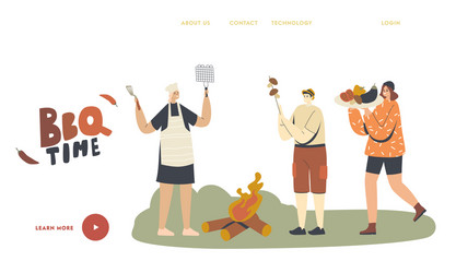 Characters spend time outdoor on bbq landing page vector