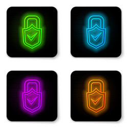 Glowing neon line open padlock and check mark icon vector