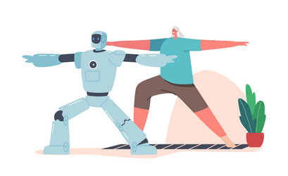 cyborg and elderly woman characters doing vector