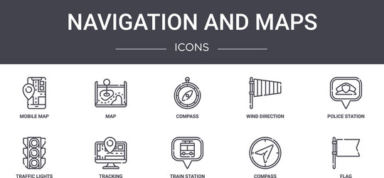 navigation and maps concept line icons set vector