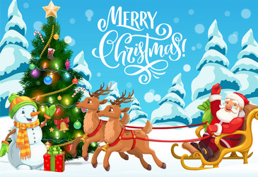 Christmas Sleigh with Santa, Snowman & Reindeer Vector Image