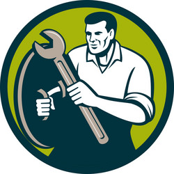 mechanic brandishing spanner wrench circle retro vector