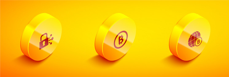 set isometric lock with bitcoin and globe vector image