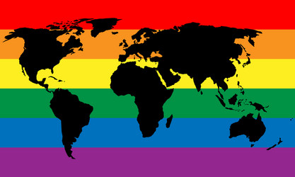 Black world map silhouette on lgbt rainbow pride vector