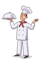 chef in white uniform holding prepared dish vector