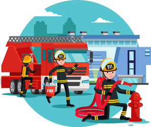 Flat set of firefighting items fireman Royalty Free Vector